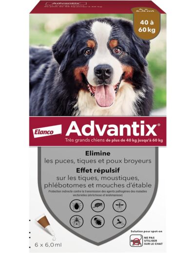 ADVANTIX Très Grand Chien – Anti-Puces et Anti-Tiques – 40-60KG – 6 Pipettes 6 pipettes Unique Très Grand Chien (40-60KG)