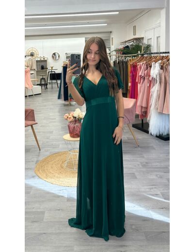 Robe longue de cérémonie vert sapin à manchette et ceinture satinée