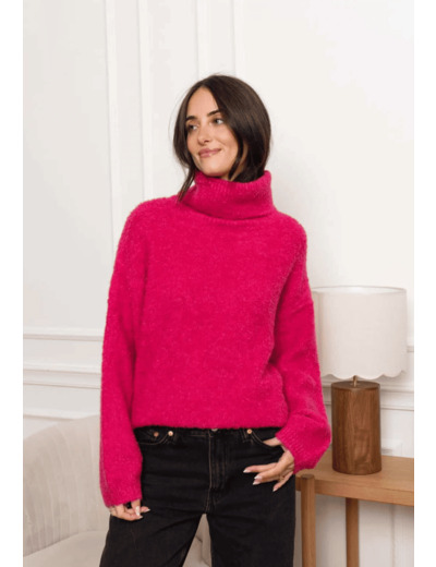 Pull col roulé rose fushia