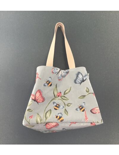 Sac cabas en bandoulière, toile enduite motifs nature, papillons, coccinelles, bourdons sur fond bleu