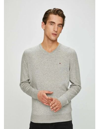 Pull col V Tommy Hilfiger gris coton pima et cachemire